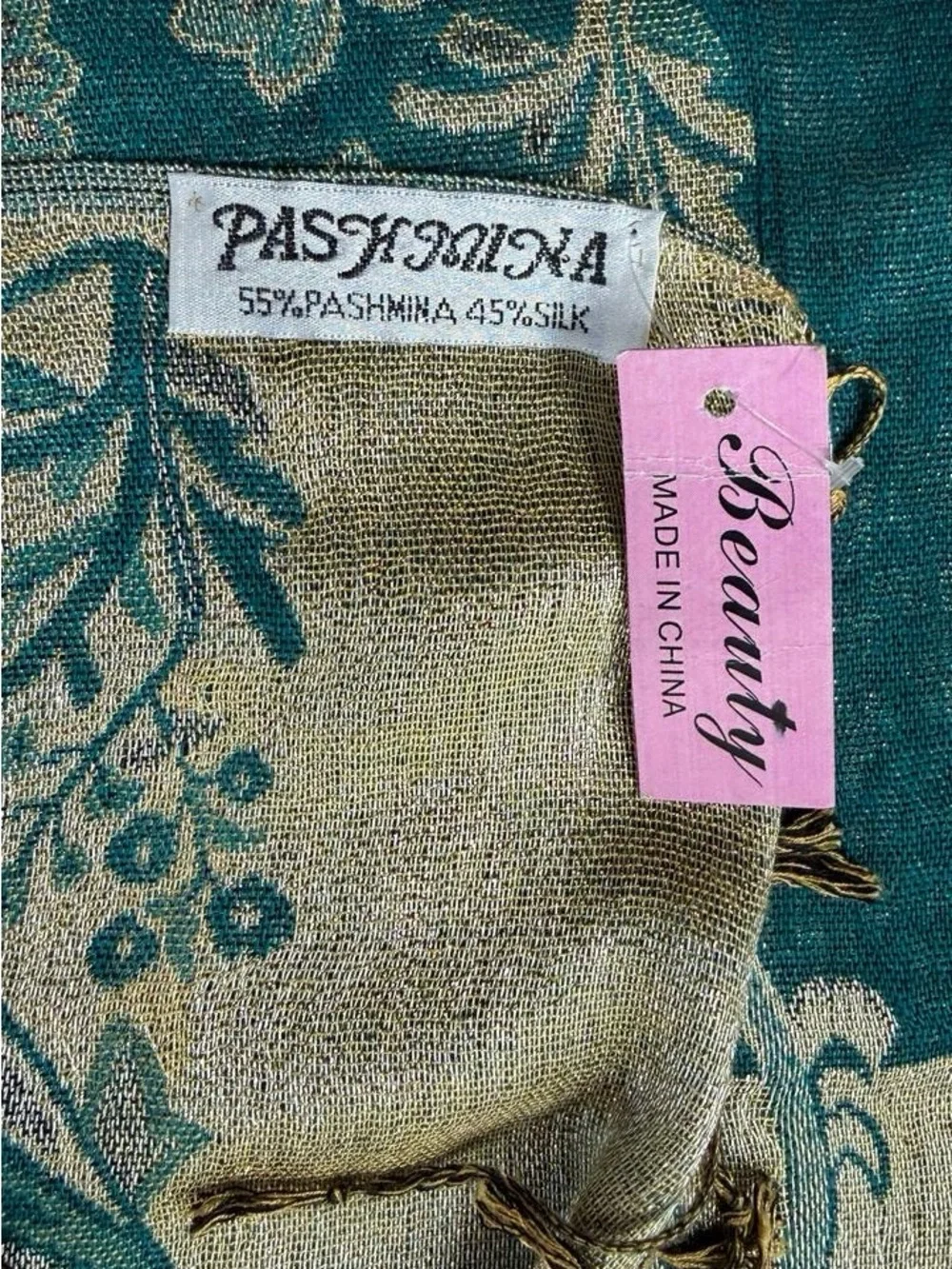 Beauty Pashmina Silk Paisley Floral Print Fringe Scarf Wrap Teal Gold One Size